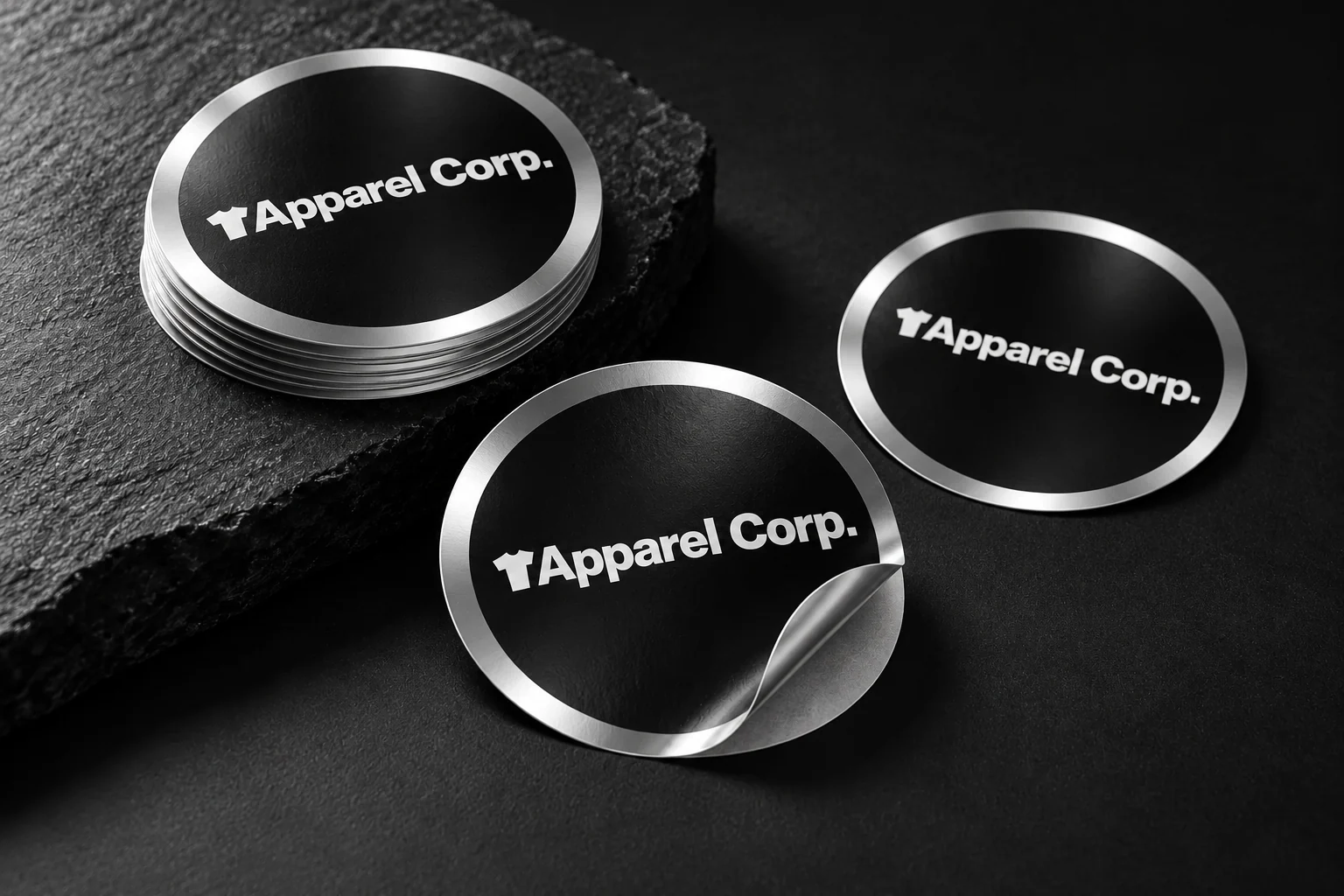 Černé samolepky Apparel Corp. se stříbrným okrajem