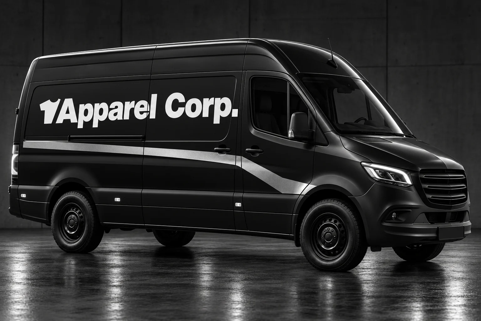 Černá dodávka s bílým logem Apparel Corp. a stříbrným polepem